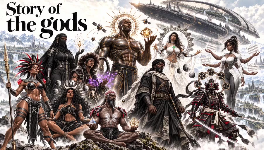 Story of the gods: the ten characters assembled beneath the Mothership.