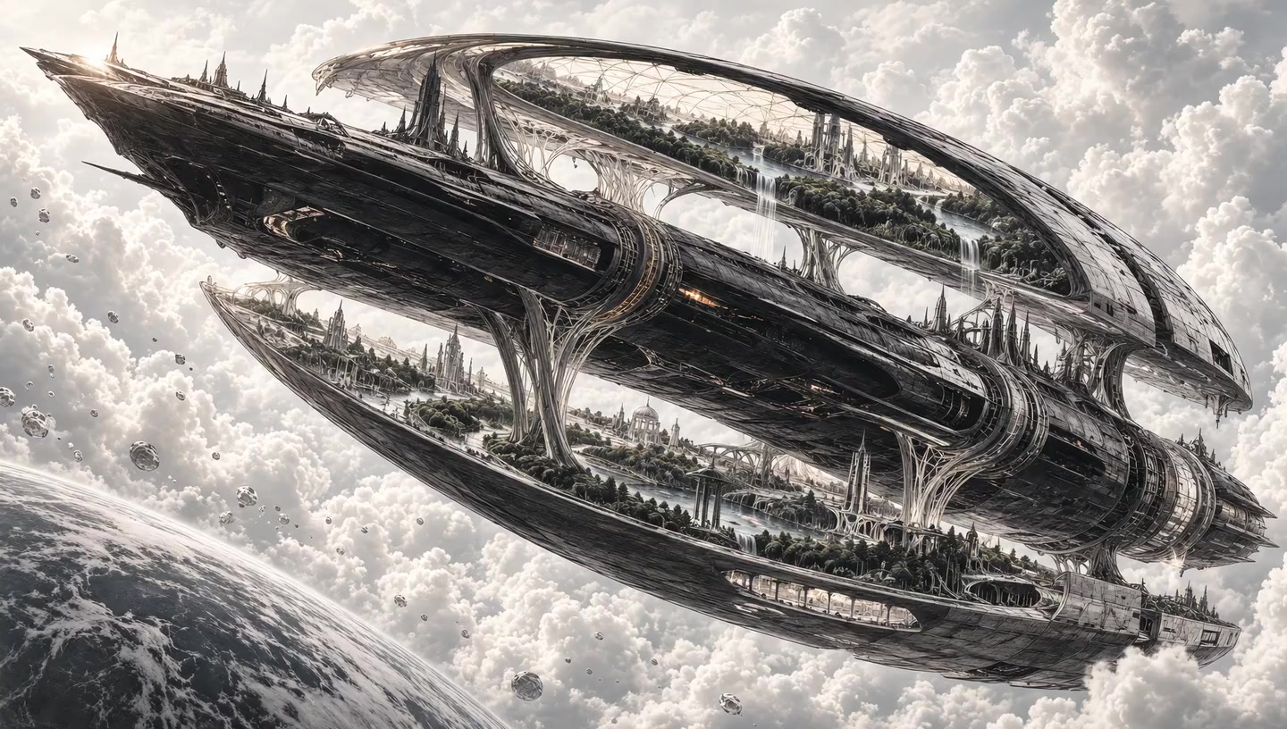 The immense Mothership emerging through clouds above a planet.