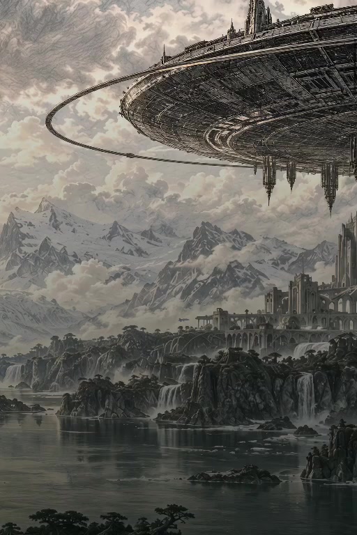 The Mothership above ancient Antarctica’s mountains, forests and monumental city.